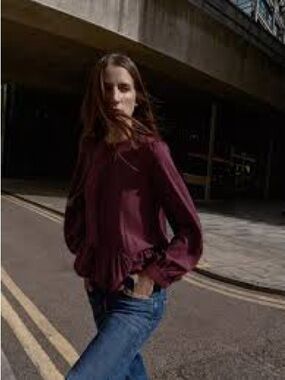 Zara Plum Long-Sleeve Ruffle-Hem Blouse
